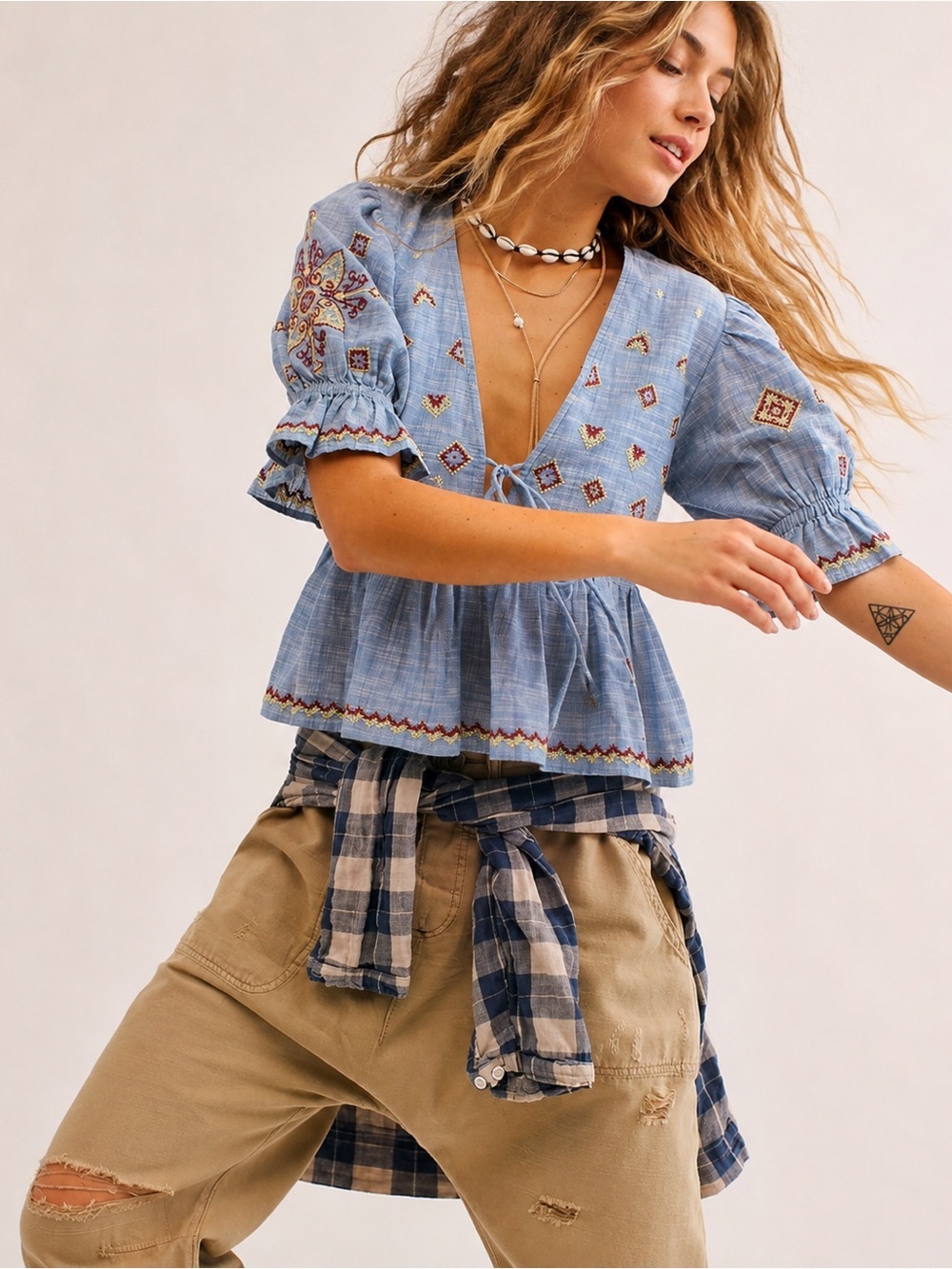 Blue Embroidered Boho Tie Front Peplum Blouse Flutter Sleeve